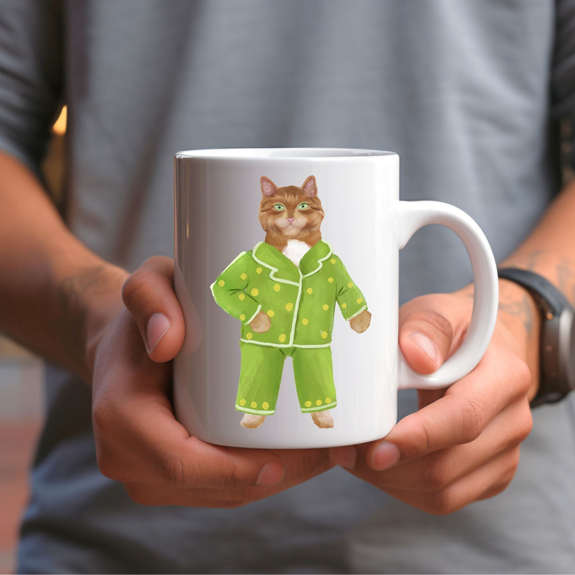 Green Pajama Cat Mug - MerikaArt