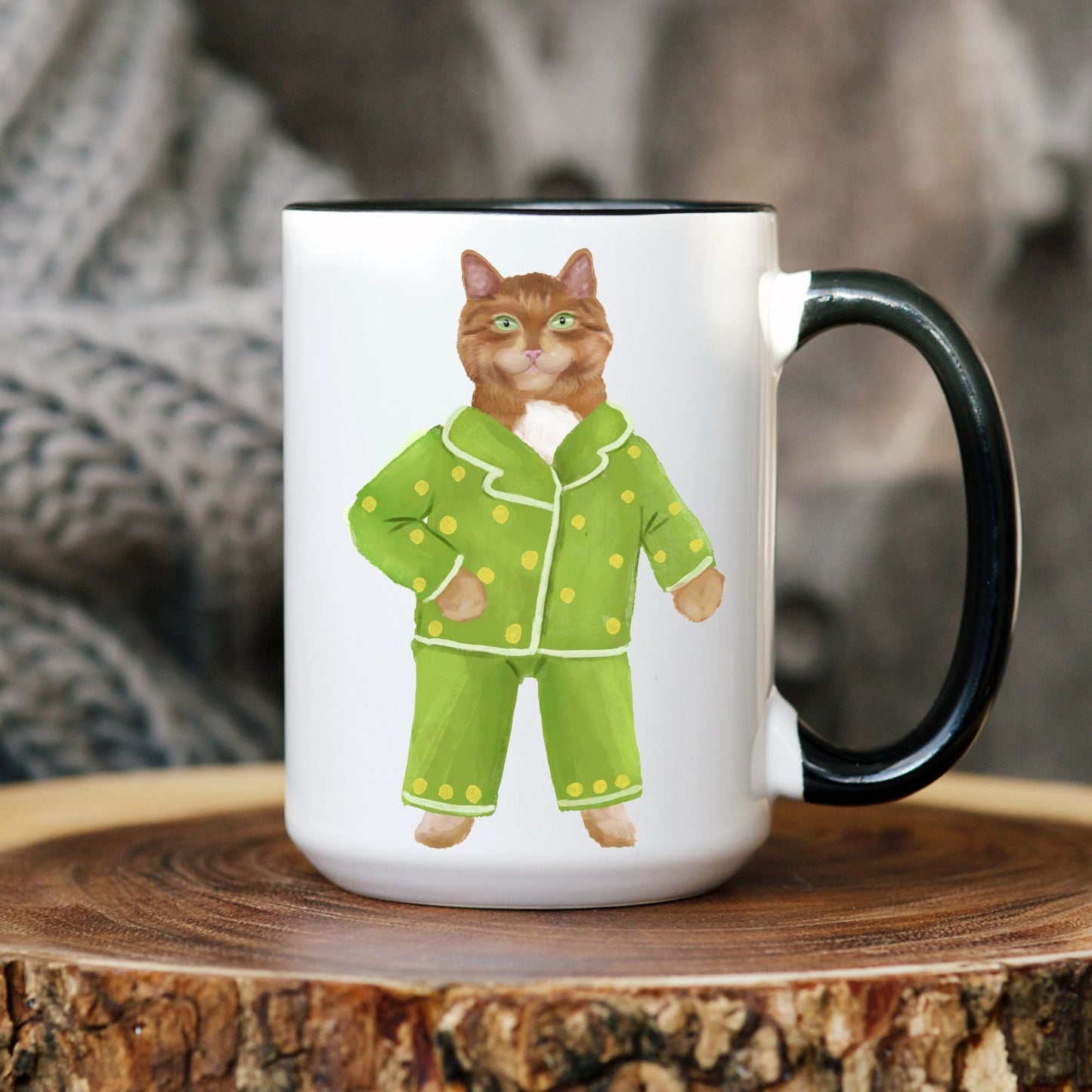 Green Pajama Cat Mug - MerikaArt