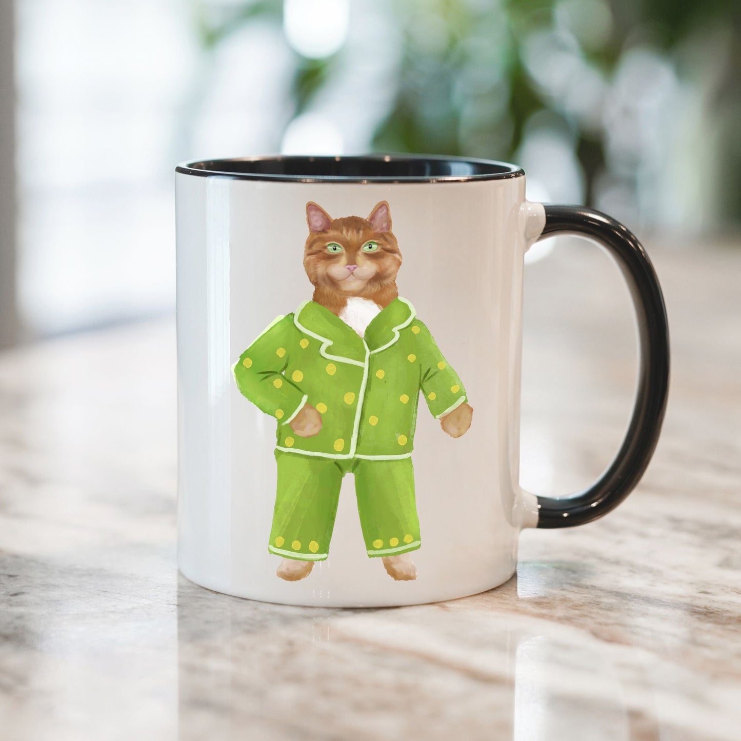 Green Pajama Cat Mug - MerikaArt