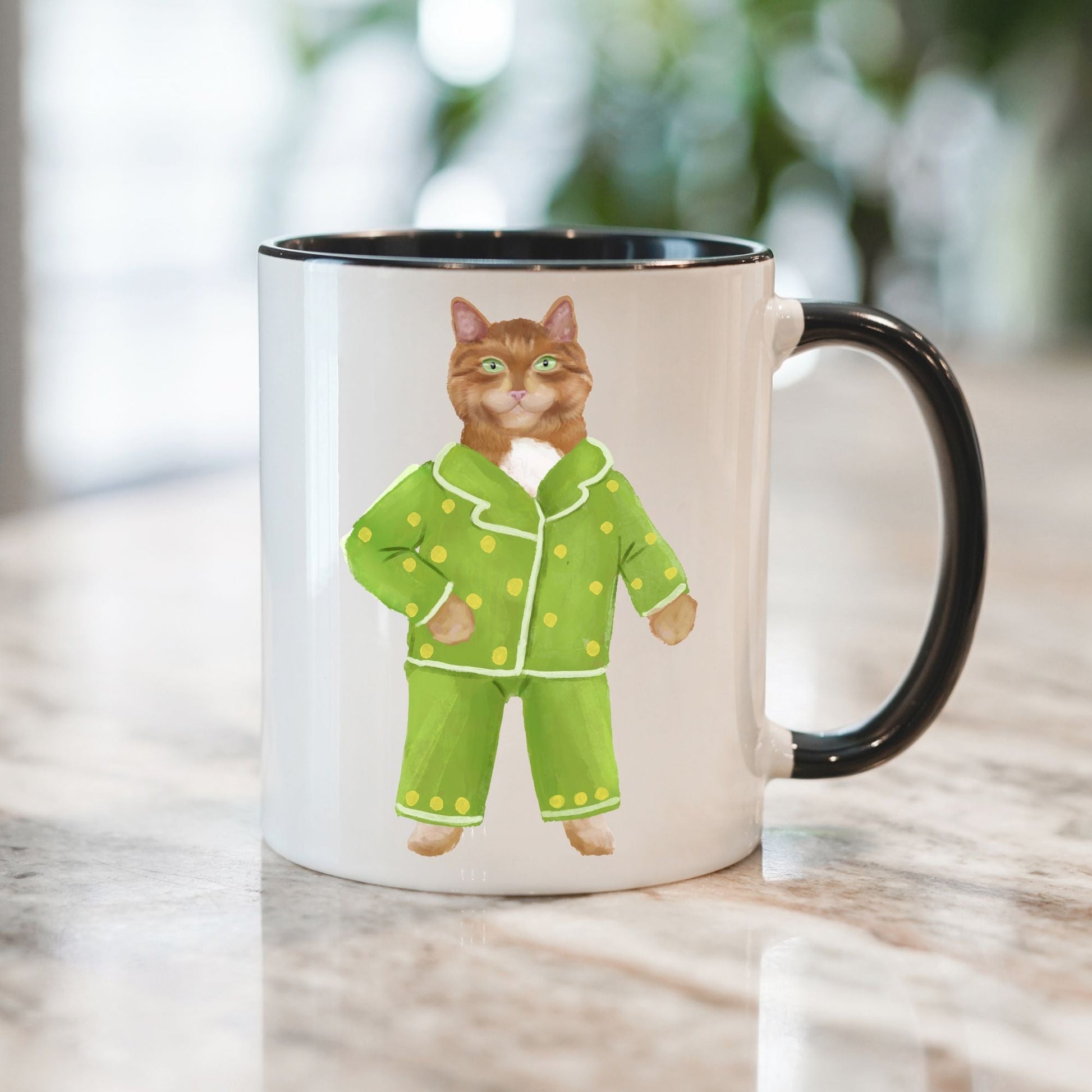 Green Pajama Cat Mug - MerikaArt