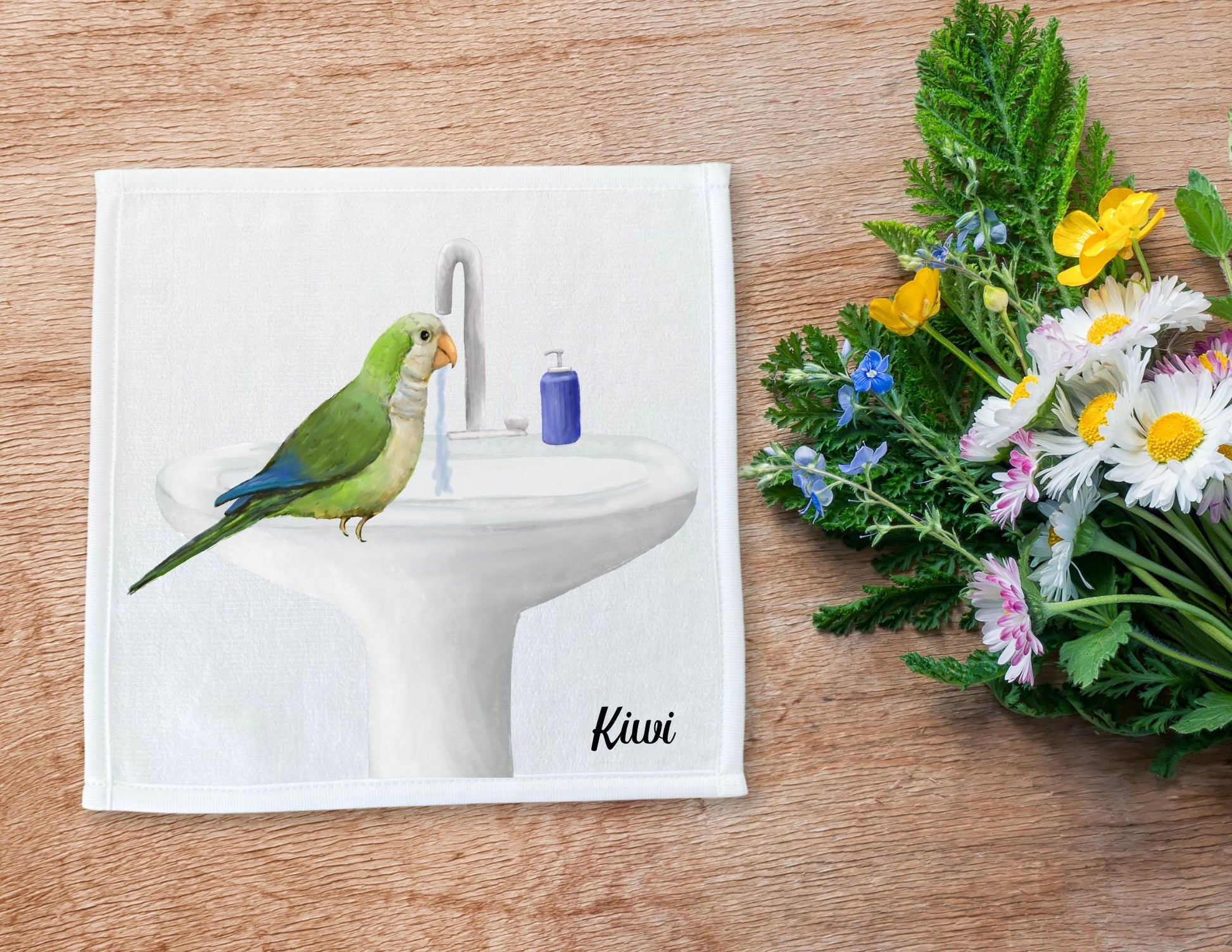 Green Parakeet at Sink Washcloth - MerikaArt