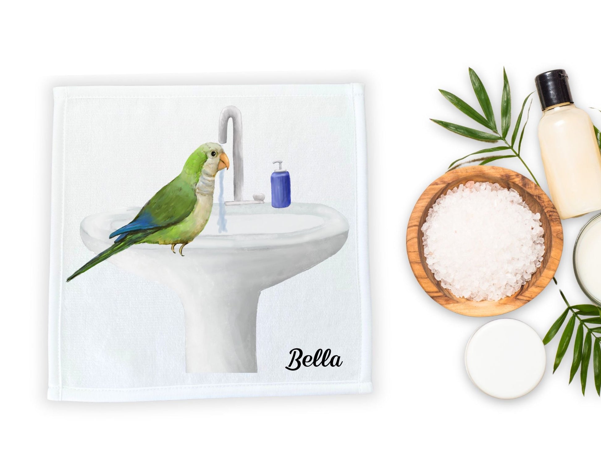 Green Parakeet at Sink Washcloth - MerikaArt