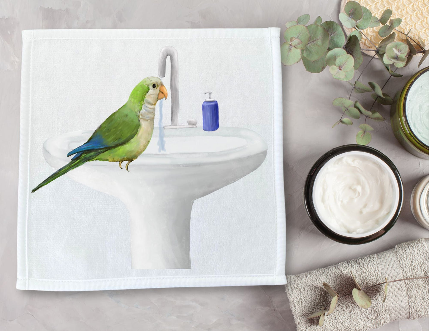 Green Parakeet at Sink Washcloth - MerikaArt