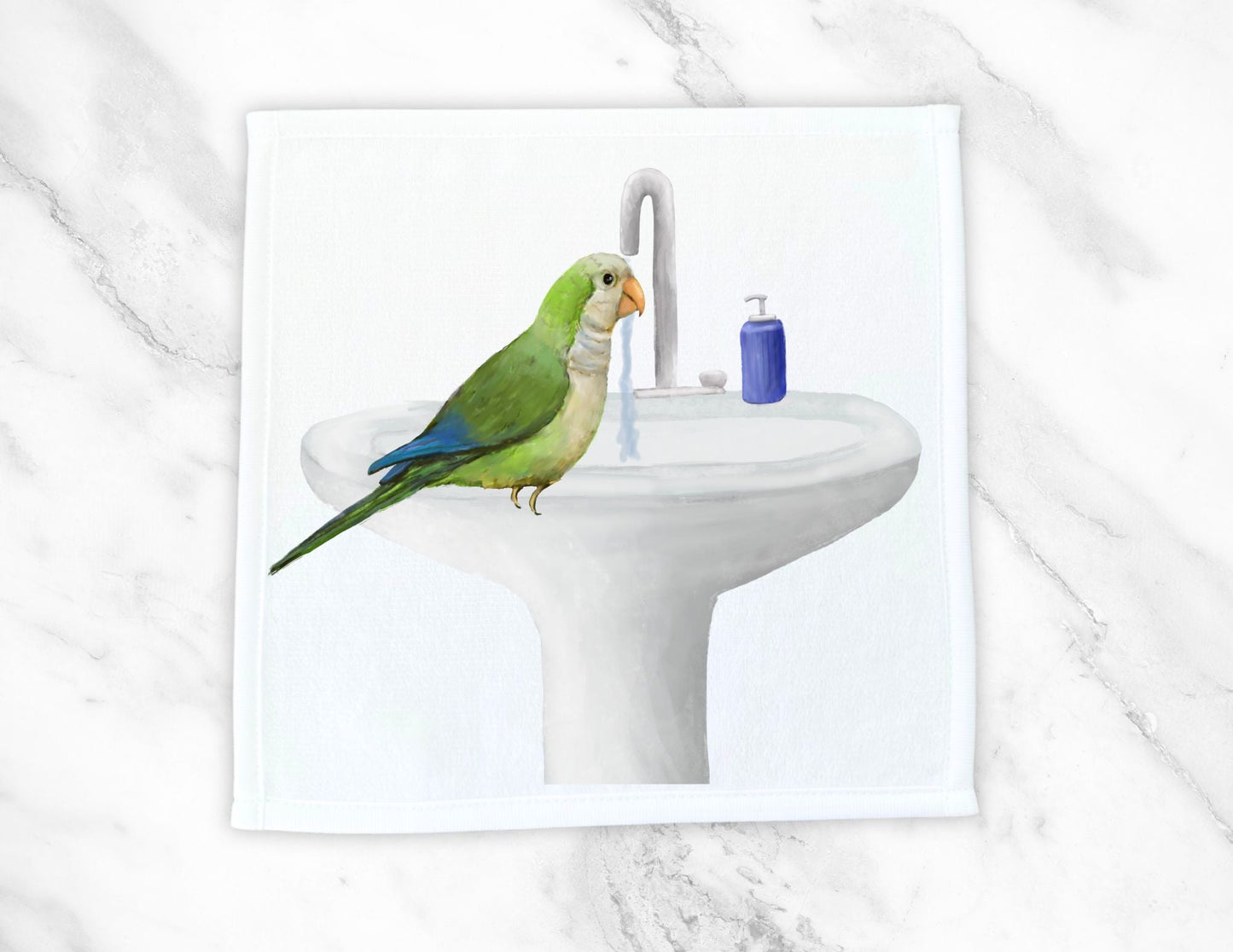 Green Parakeet at Sink Washcloth - MerikaArt