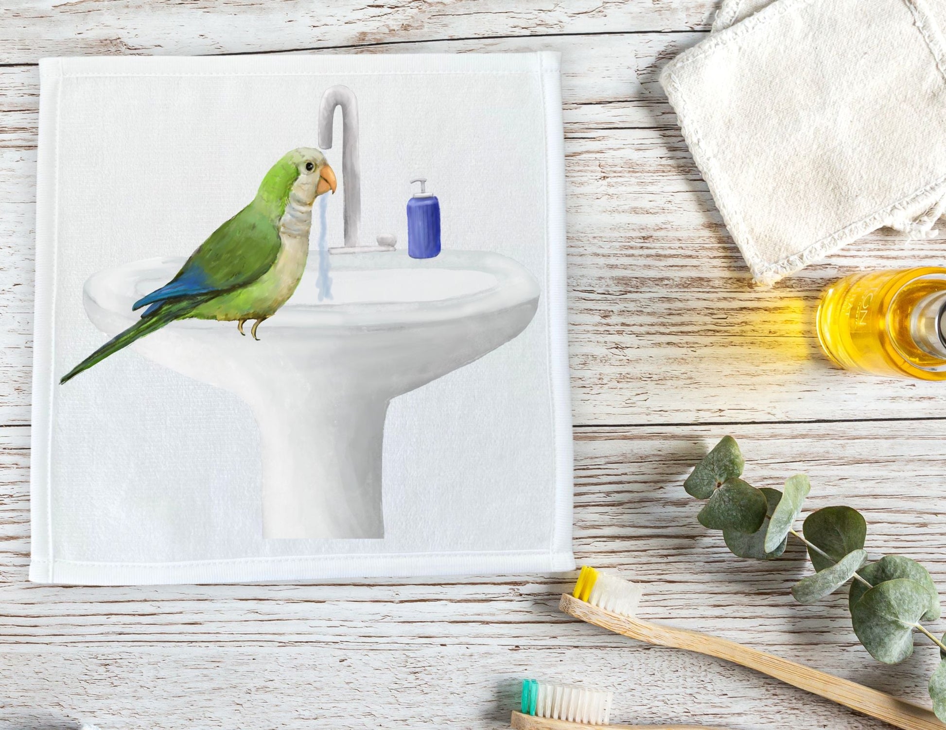 Green Parakeet at Sink Washcloth - MerikaArt