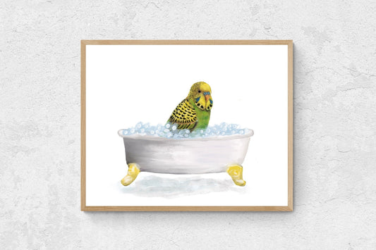 Green Parakeet Bathing Print - MerikaArt