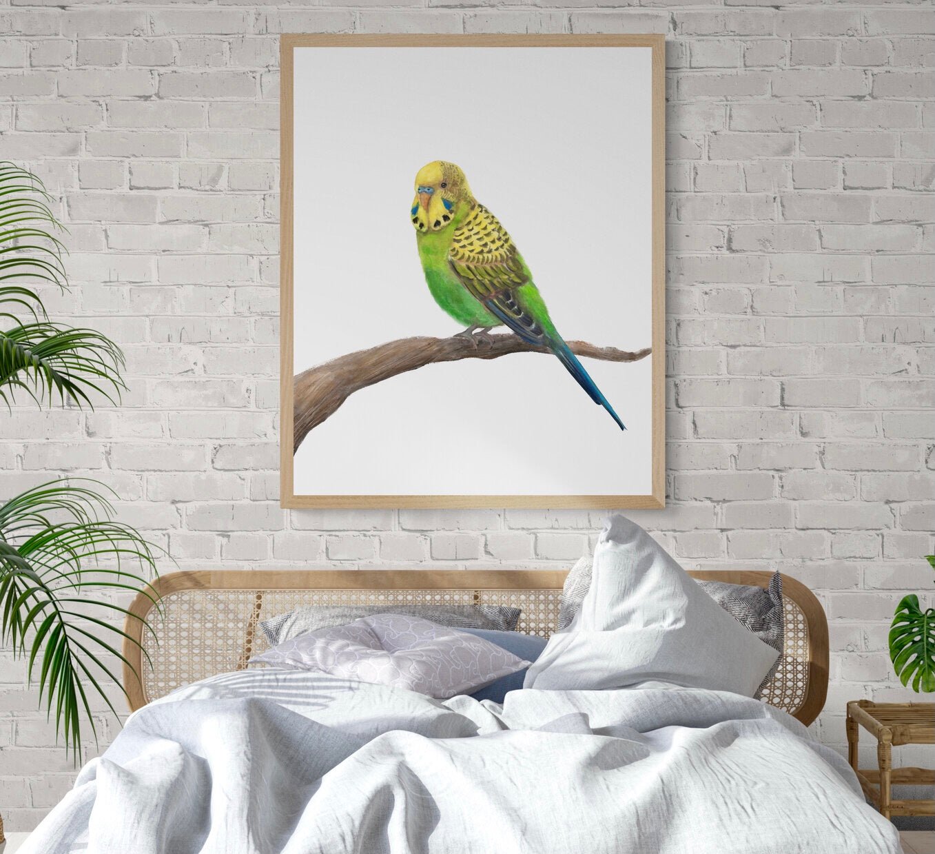 Green Parakeet on Branch - MerikaArt