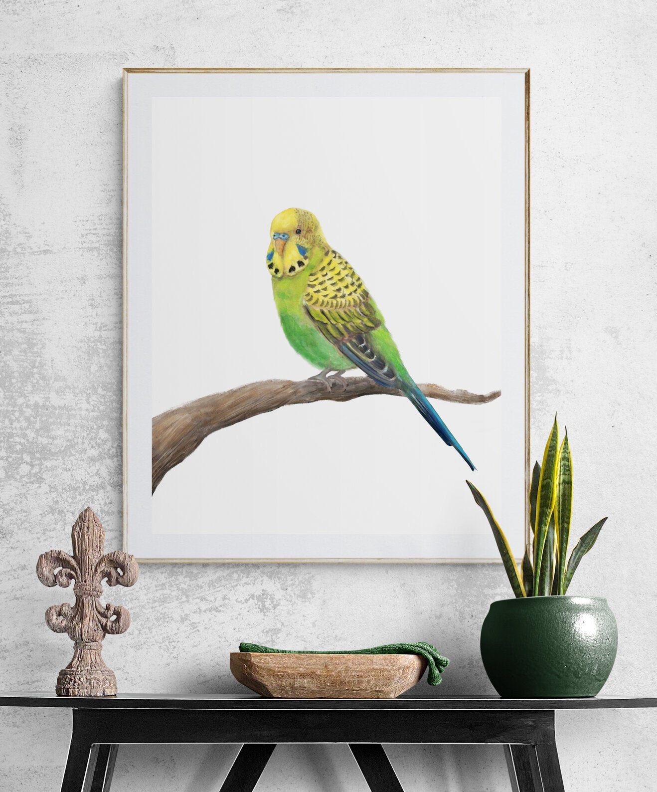 Green Parakeet on Branch - MerikaArt