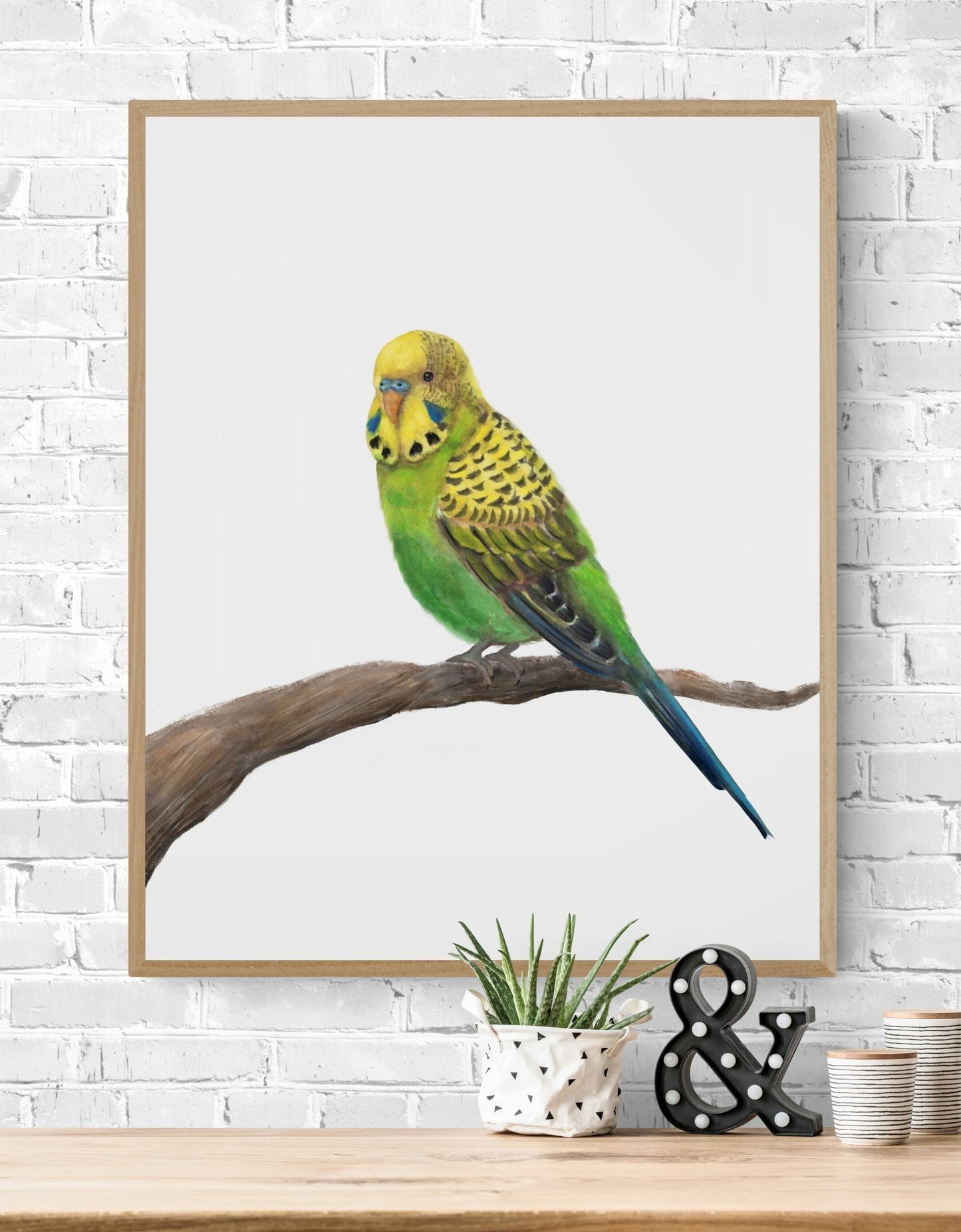 Green Parakeet on Branch - MerikaArt