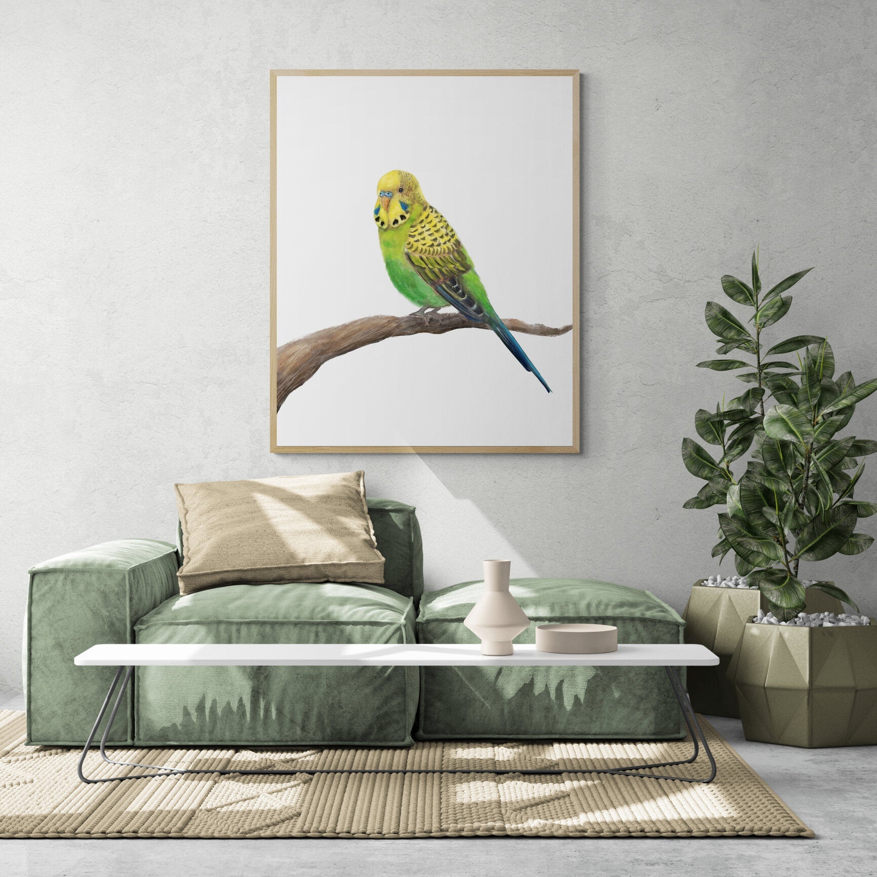 Green Parakeet on Branch - MerikaArt