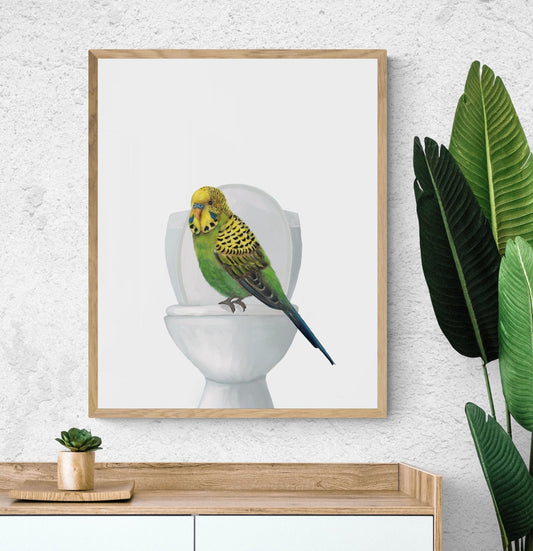 Green Parakeet On Toilet Print - MerikaArt