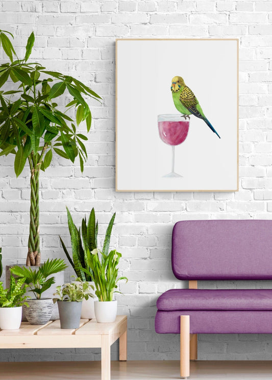 Green Parakeet On Wine Glass - MerikaArt