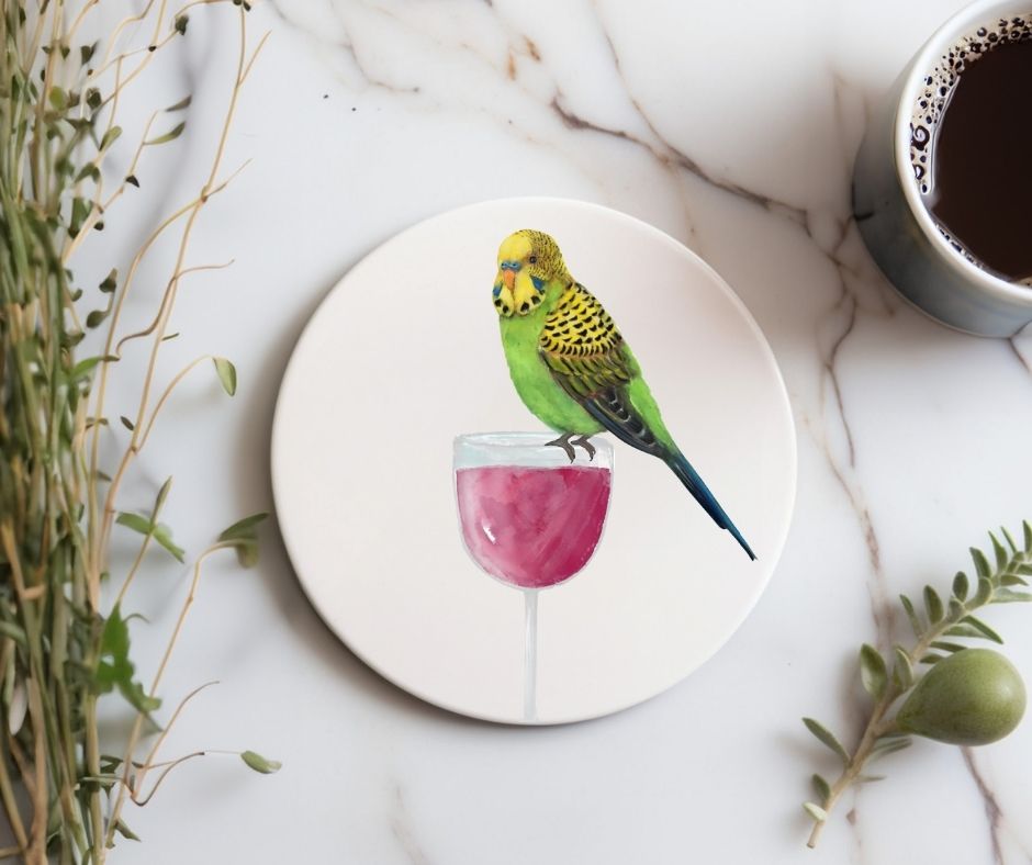 Green Parakeet on Wine Glass Ceramic Coaster - MerikaArt