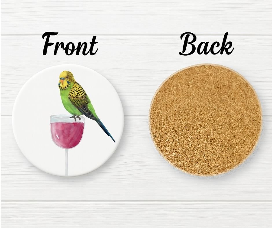 Green Parakeet on Wine Glass Ceramic Coaster - MerikaArt