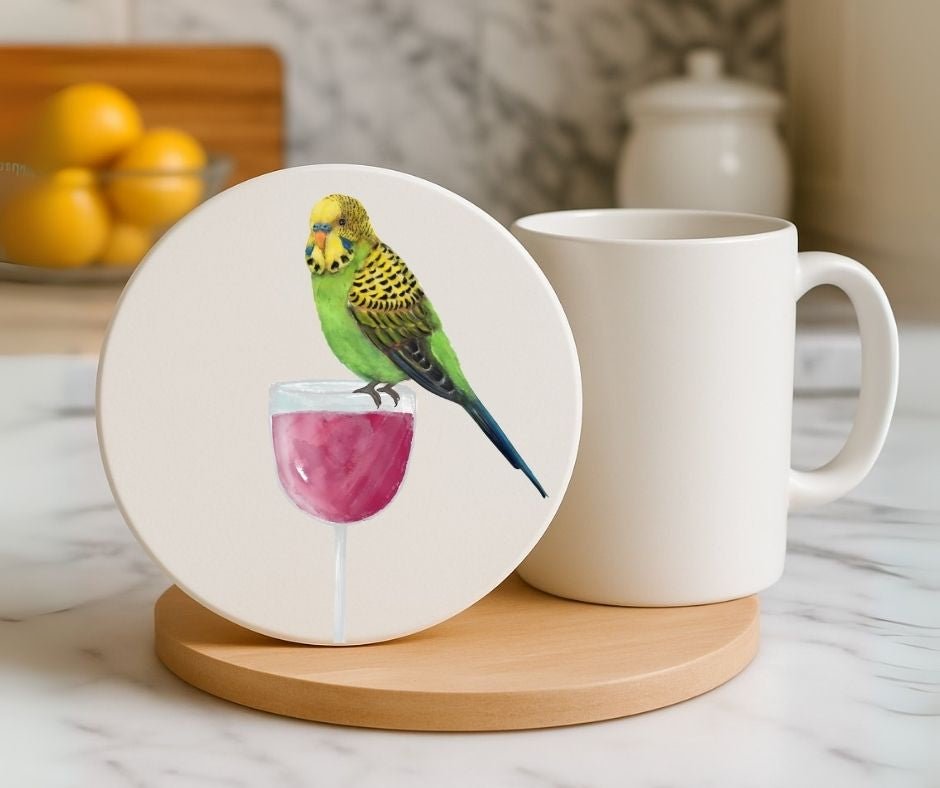 Green Parakeet on Wine Glass Ceramic Coaster - MerikaArt
