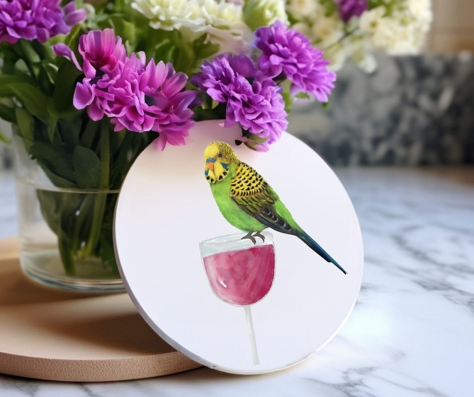 Green Parakeet on Wine Glass Ceramic Coaster - MerikaArt