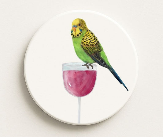Green Parakeet on Wine Glass Ceramic Coaster - MerikaArt