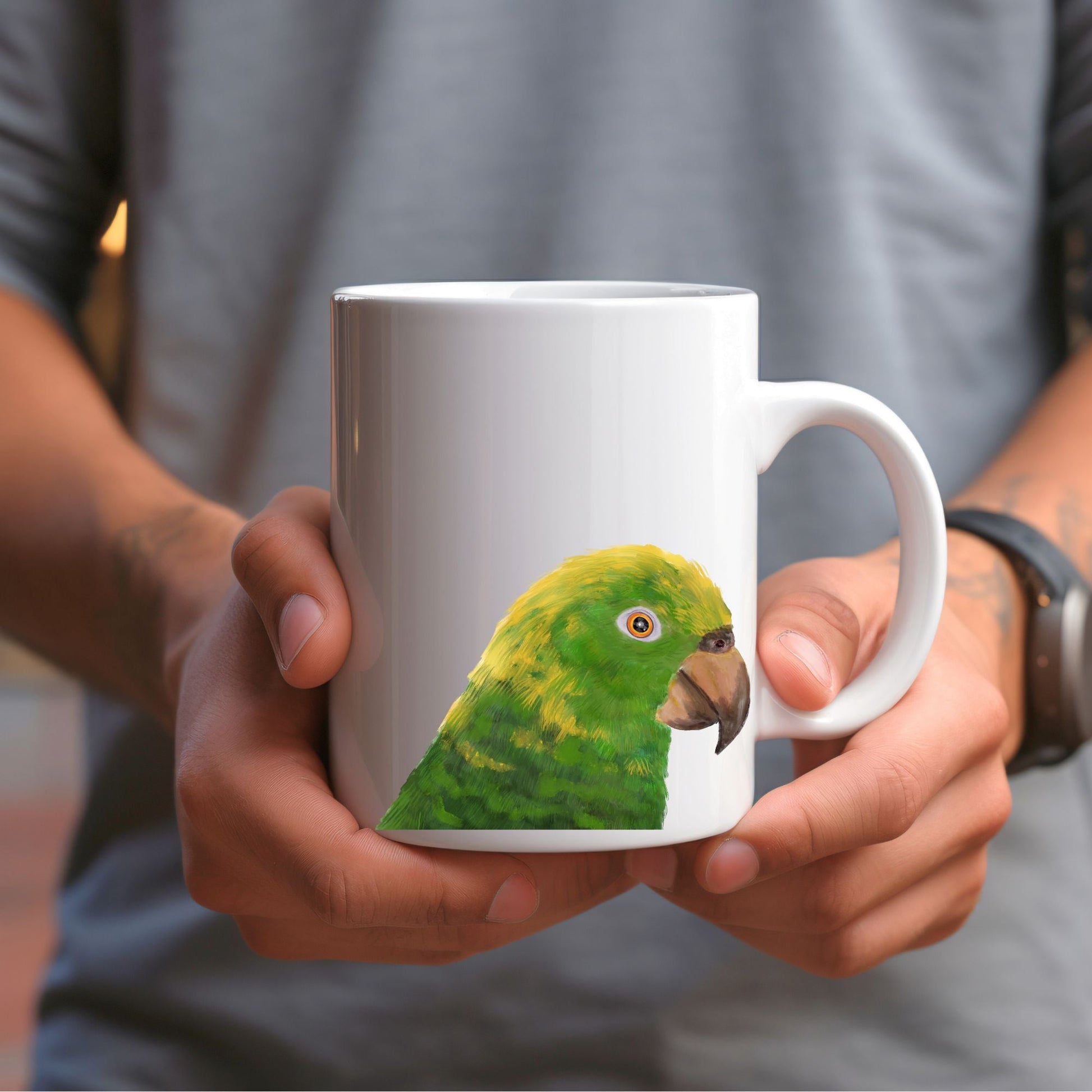 Green Parrot Mug with Vibrant Illustration - MerikaArt