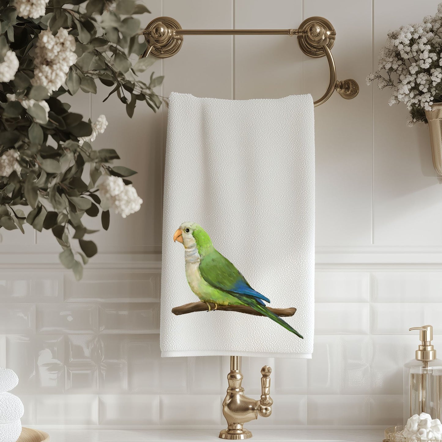 Green Quaker Parrot Bathroom Towel - MerikaArt