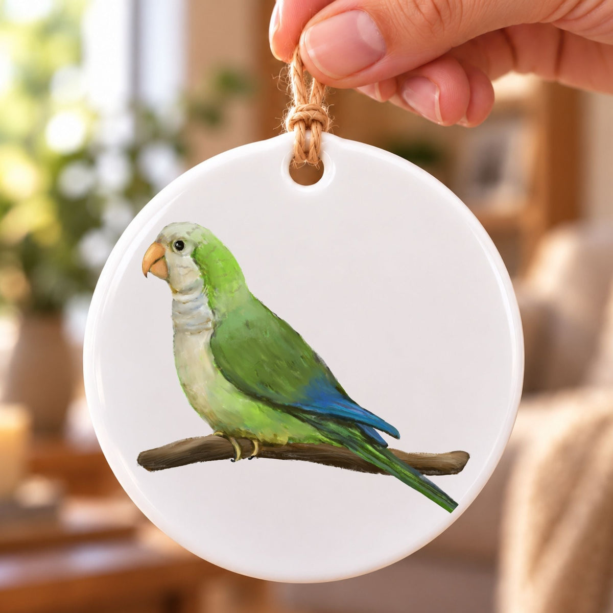 Green Quaker Parrot Ceramic Ornament - MerikaArt
