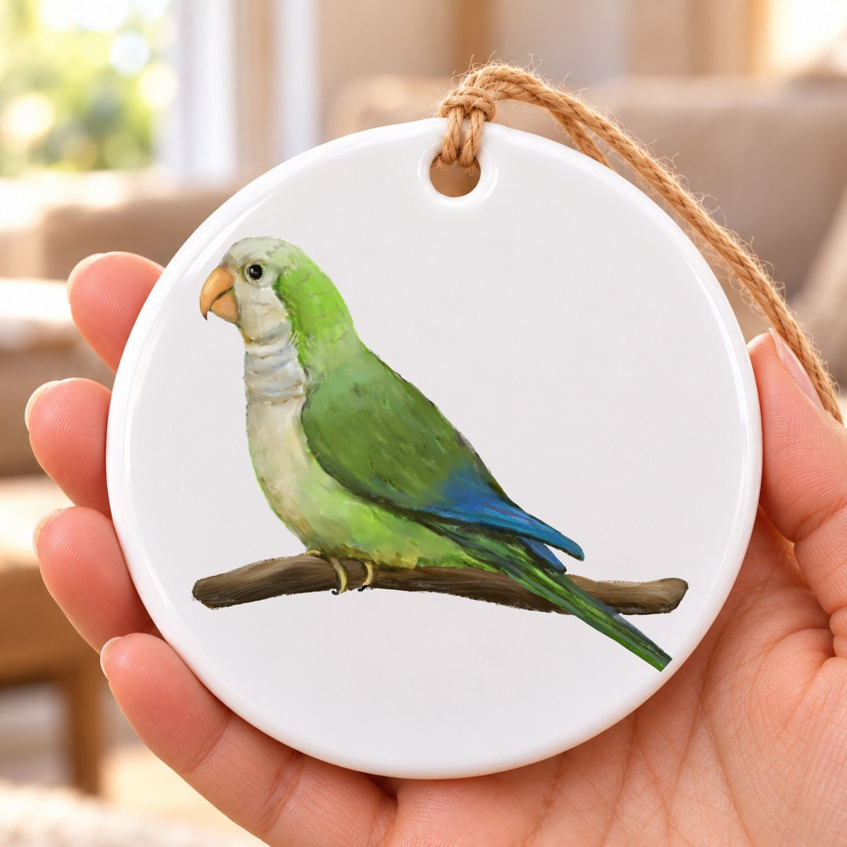 Green Quaker Parrot Ceramic Ornament - MerikaArt
