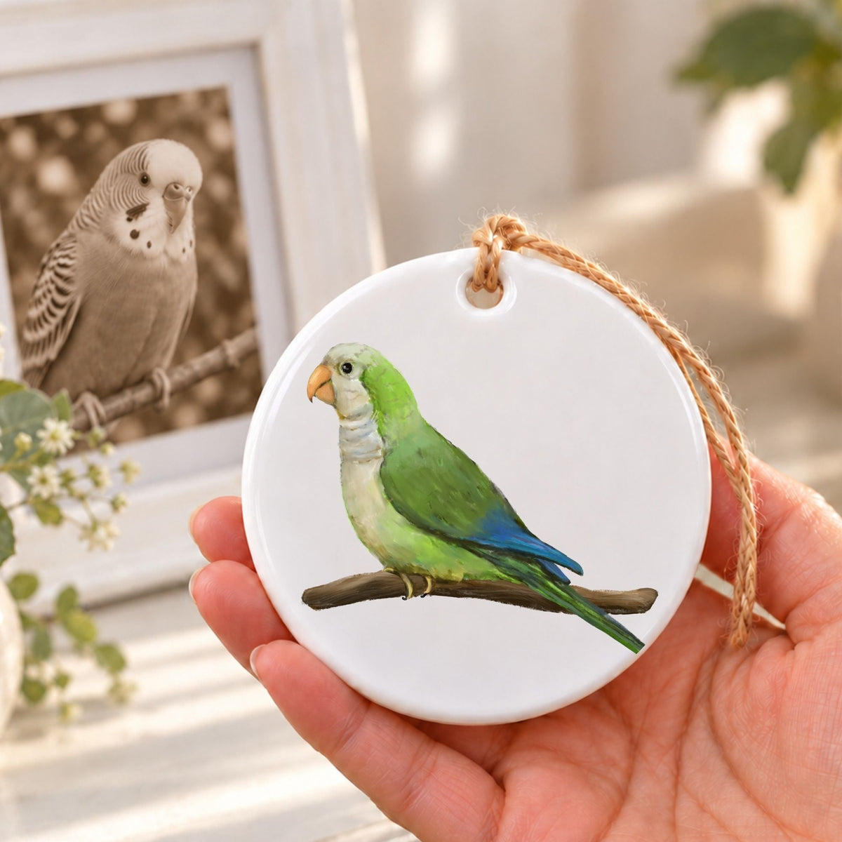 Green Quaker Parrot Ceramic Ornament - MerikaArt