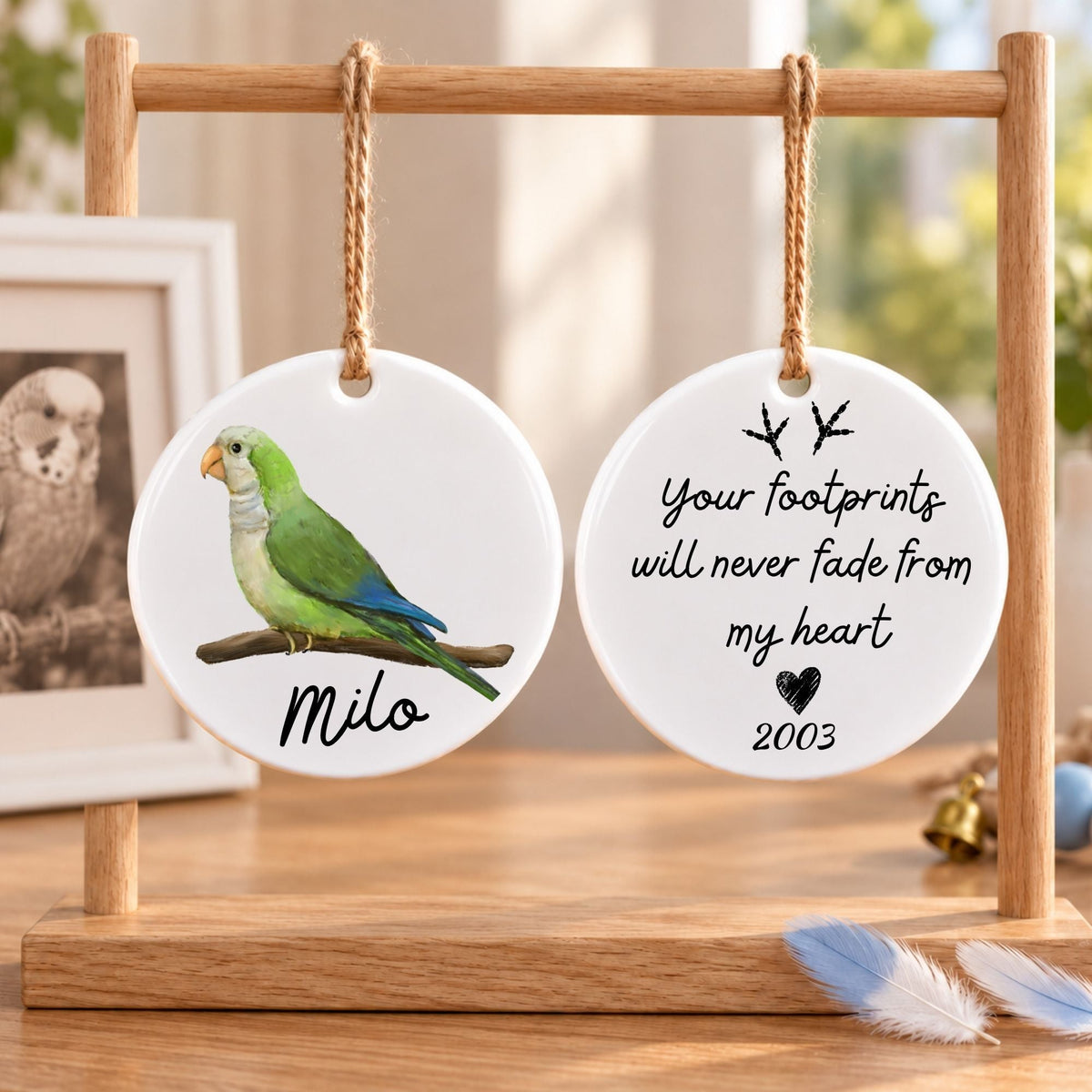 Green Quaker Parrot Ceramic Ornament - MerikaArt