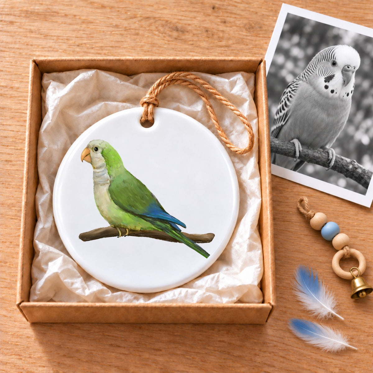 Green Quaker Parrot Ceramic Ornament - MerikaArt
