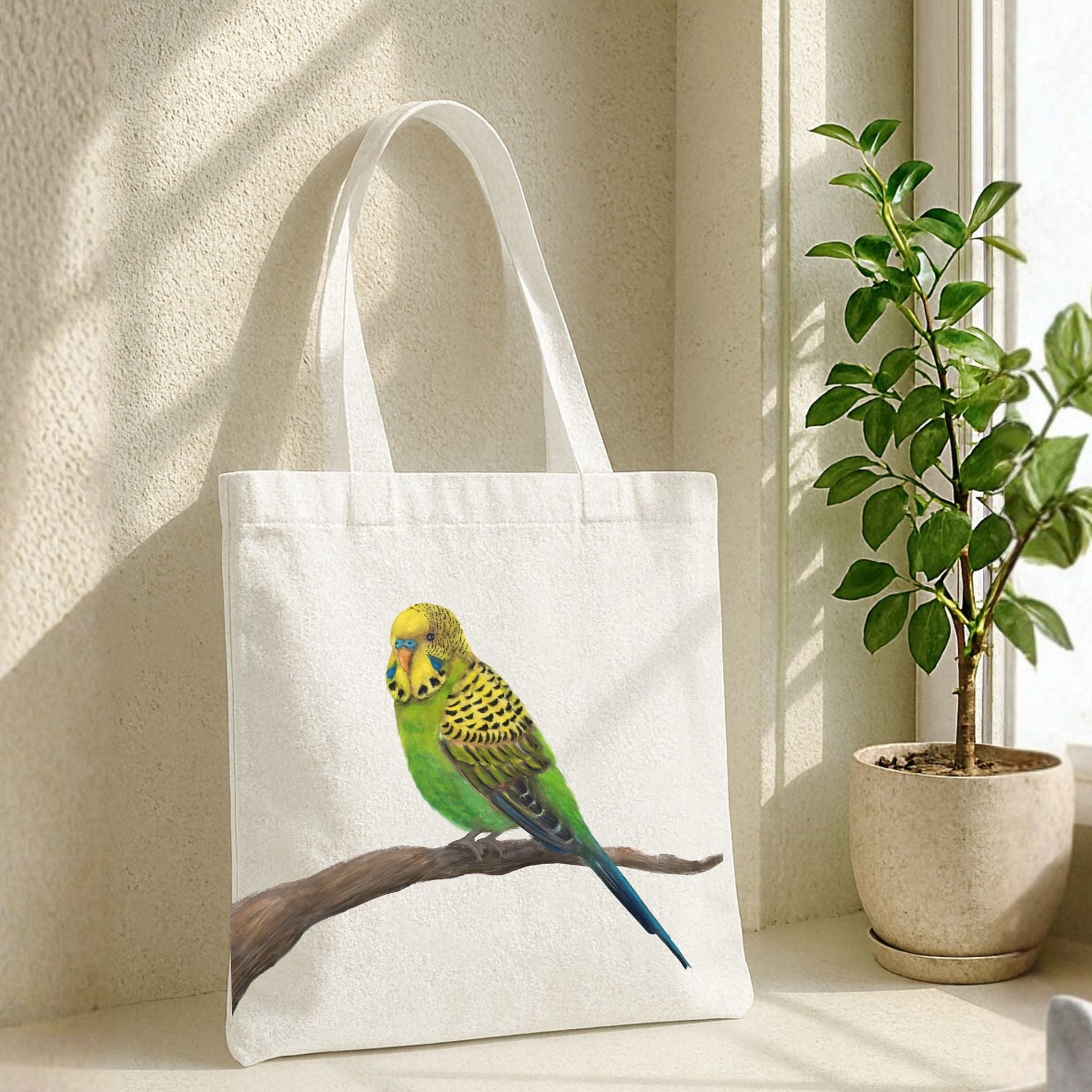 Green & Yellow Budgie Canvas Tote Bag - MerikaArt