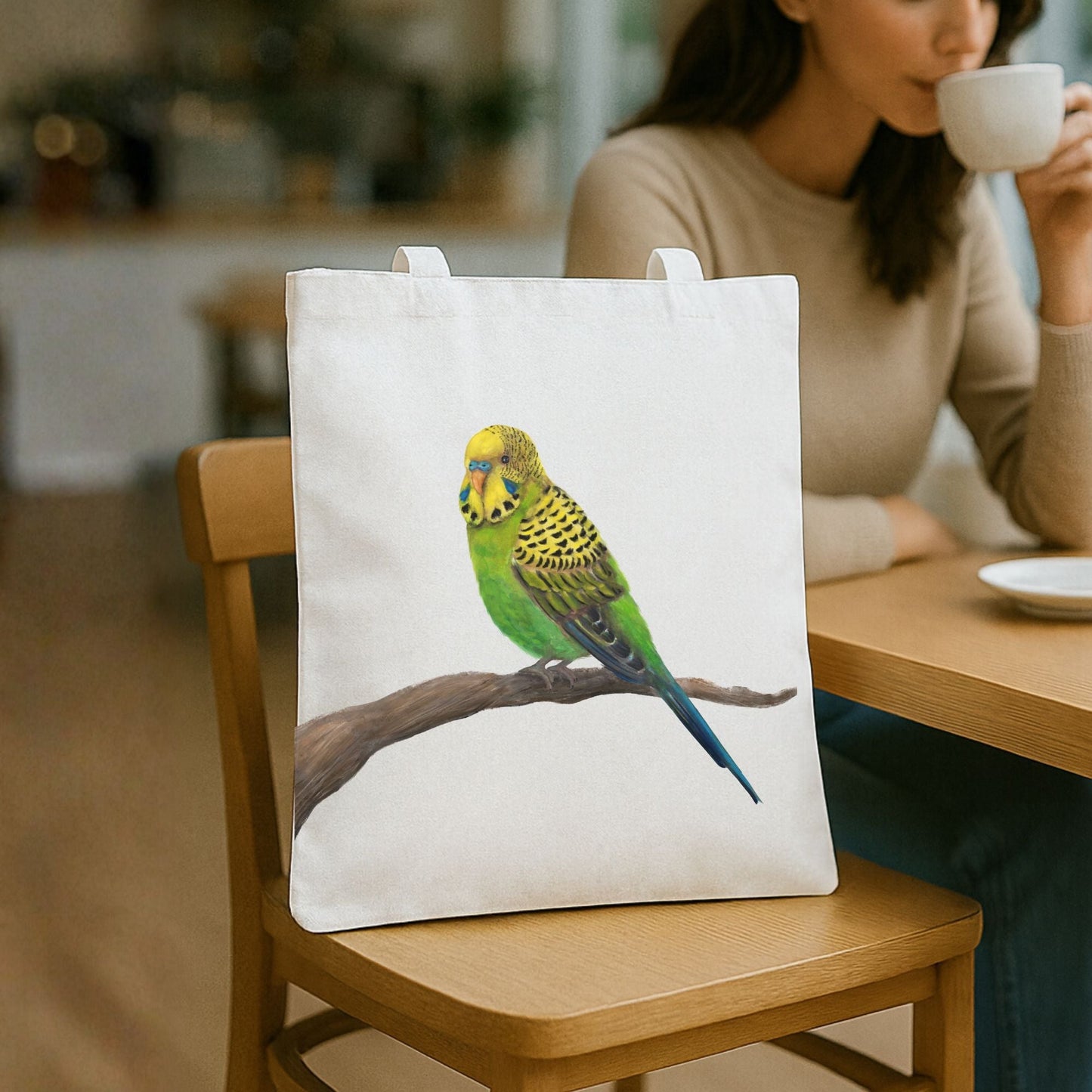 Green & Yellow Budgie Canvas Tote Bag - MerikaArt