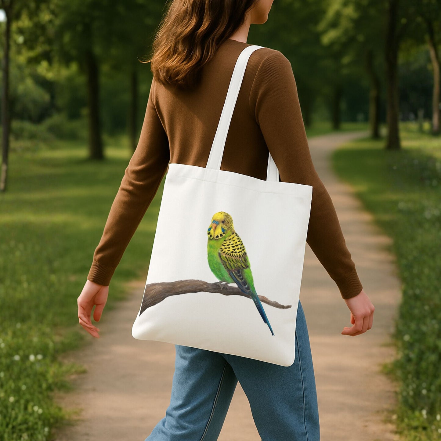Green & Yellow Budgie Canvas Tote Bag - MerikaArt