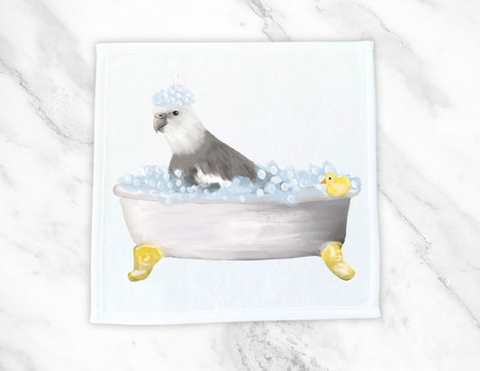 Grey Cockatiel in Bathtub Washcloth – Fun Avian Illustration - MerikaArt