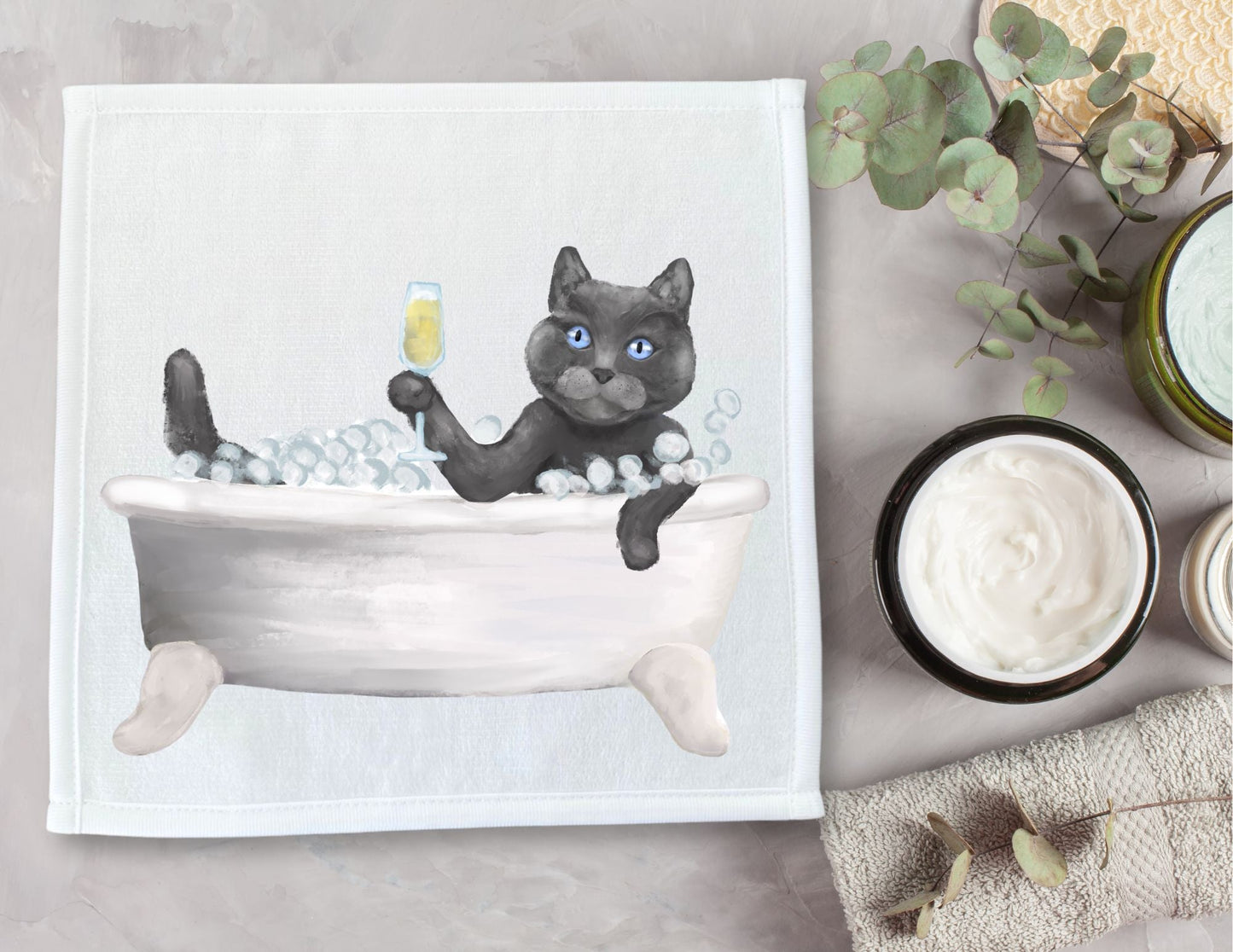 Grey Scottish Cat in Tub Washcloth – Elegant and Whimsical - MerikaArt