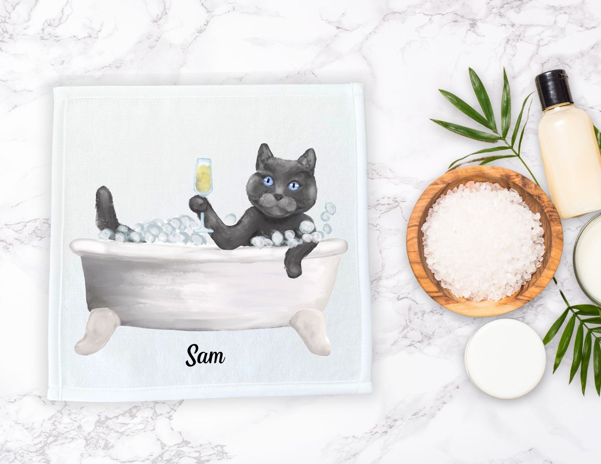 Grey Scottish Cat in Tub Washcloth – Elegant and Whimsical - MerikaArt