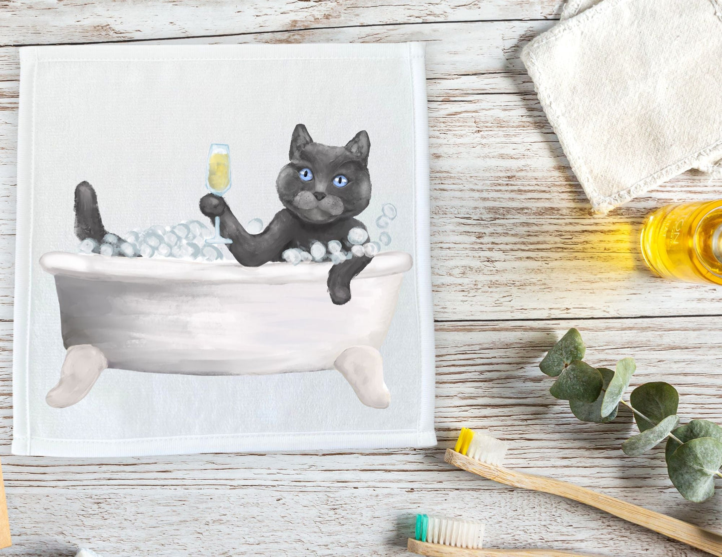 Grey Scottish Cat in Tub Washcloth – Elegant and Whimsical - MerikaArt