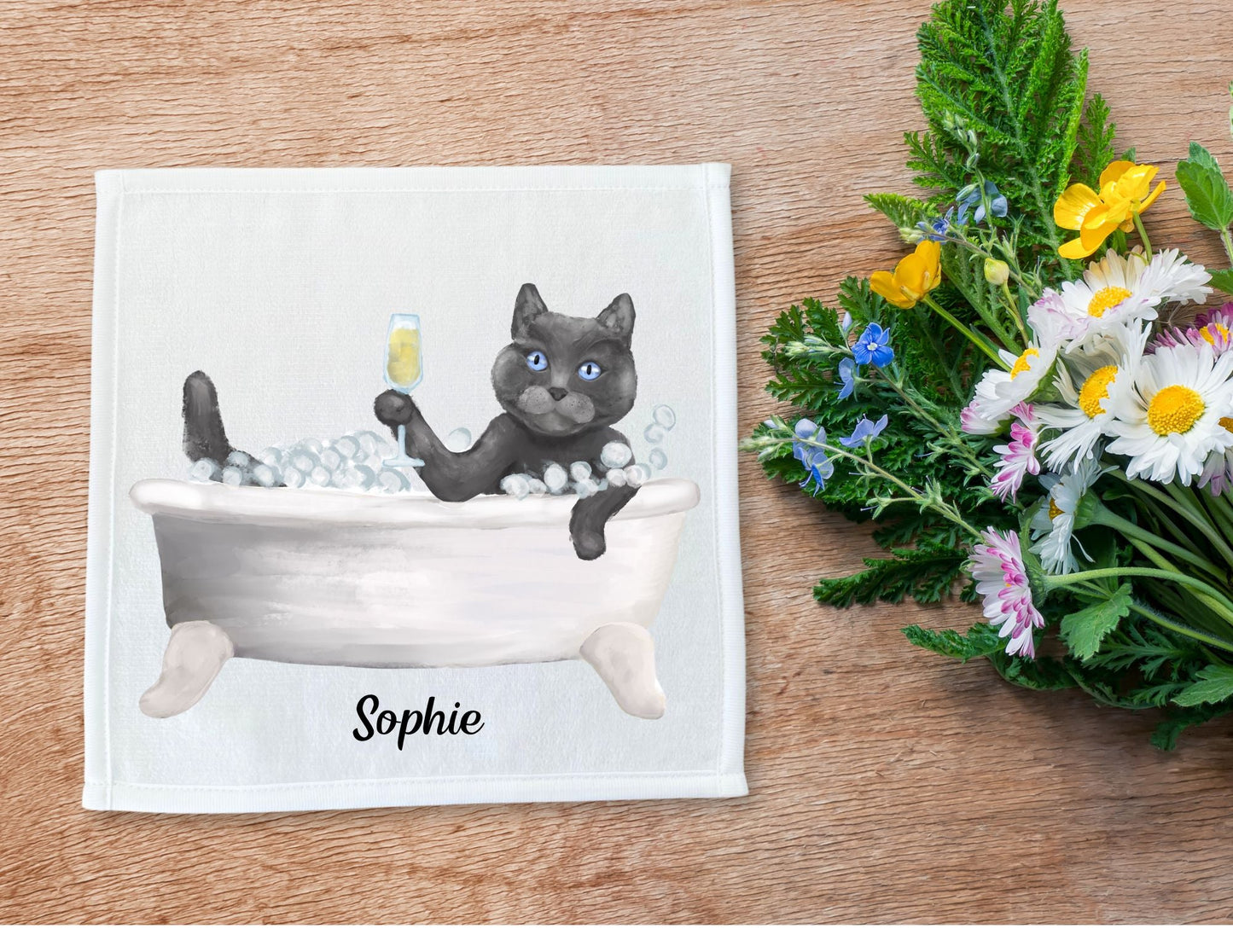 Grey Scottish Cat in Tub Washcloth – Elegant and Whimsical - MerikaArt