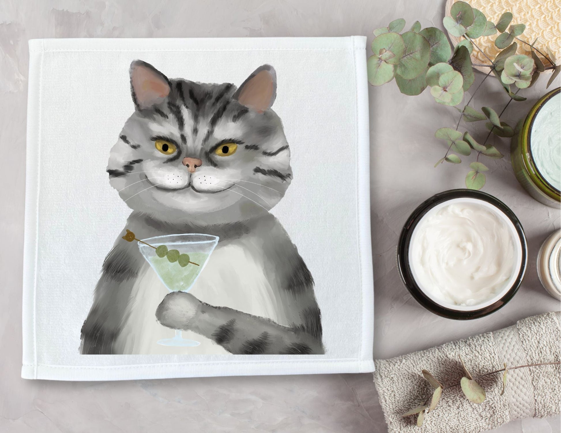 Grey Tabby Cat with Martini Washcloth – A Whimsical Addition - MerikaArt