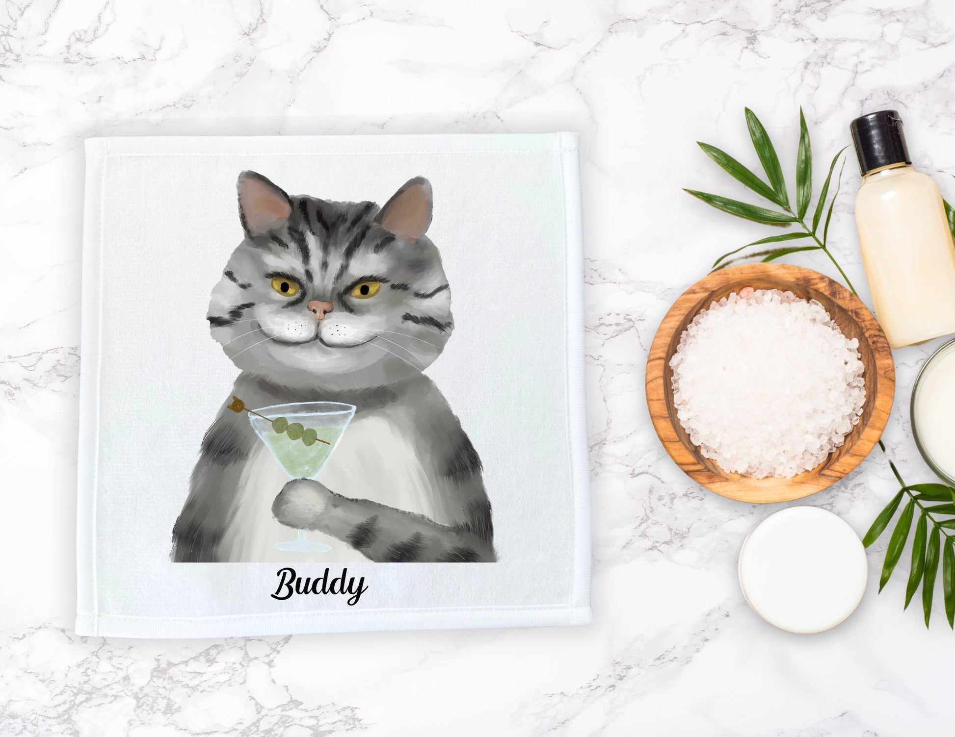 Grey Tabby Cat with Martini Washcloth – A Whimsical Addition - MerikaArt