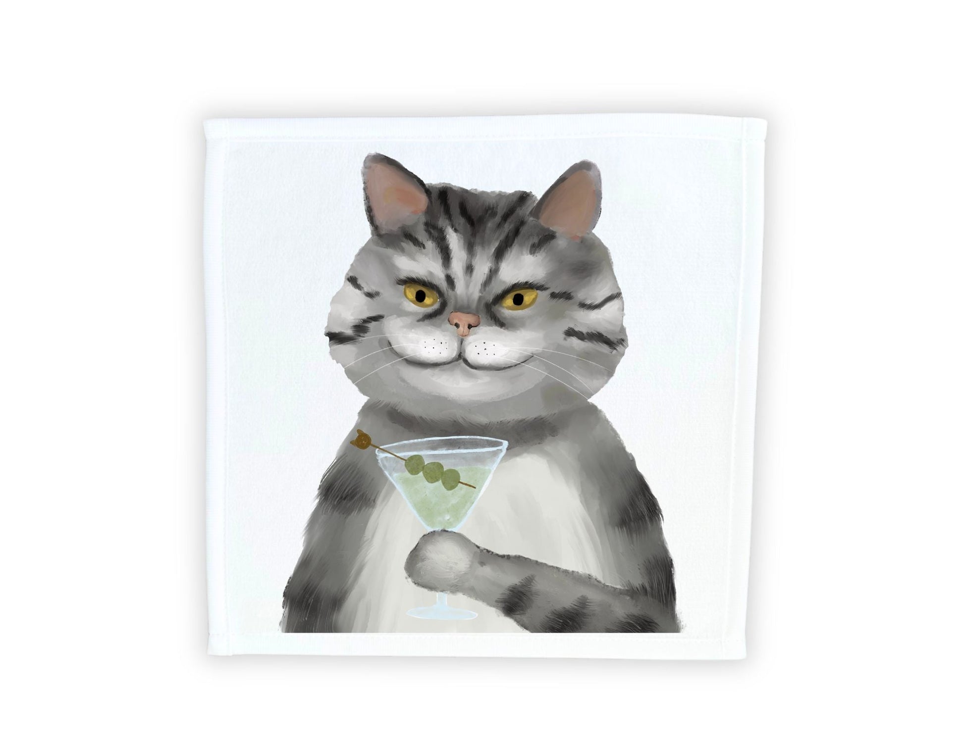 Grey Tabby Cat with Martini Washcloth – A Whimsical Addition - MerikaArt