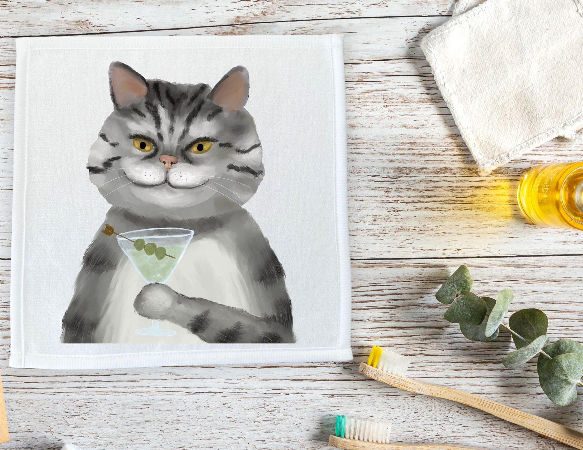 Grey Tabby Cat with Martini Washcloth – A Whimsical Addition - MerikaArt