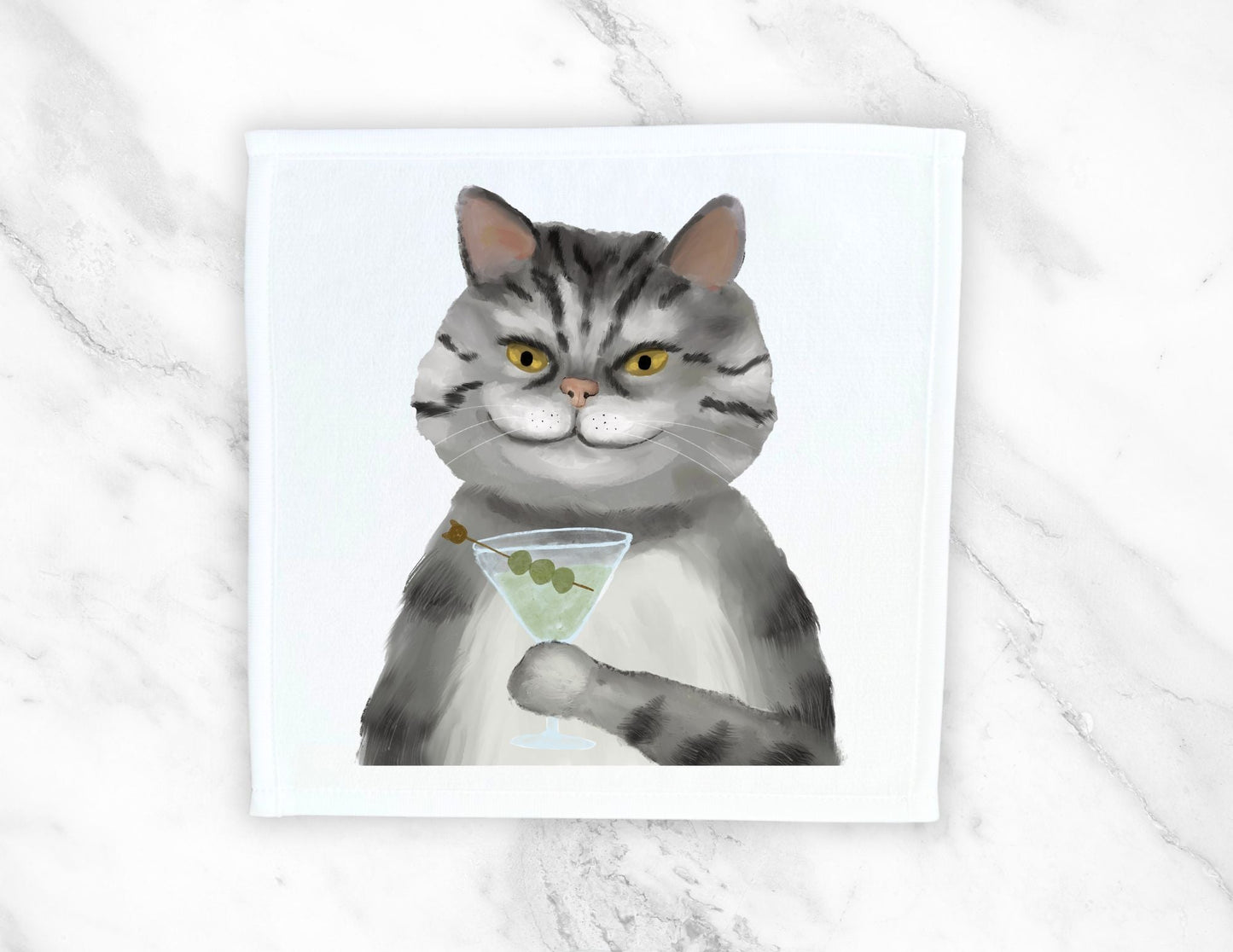 Grey Tabby Cat with Martini Washcloth – A Whimsical Addition - MerikaArt