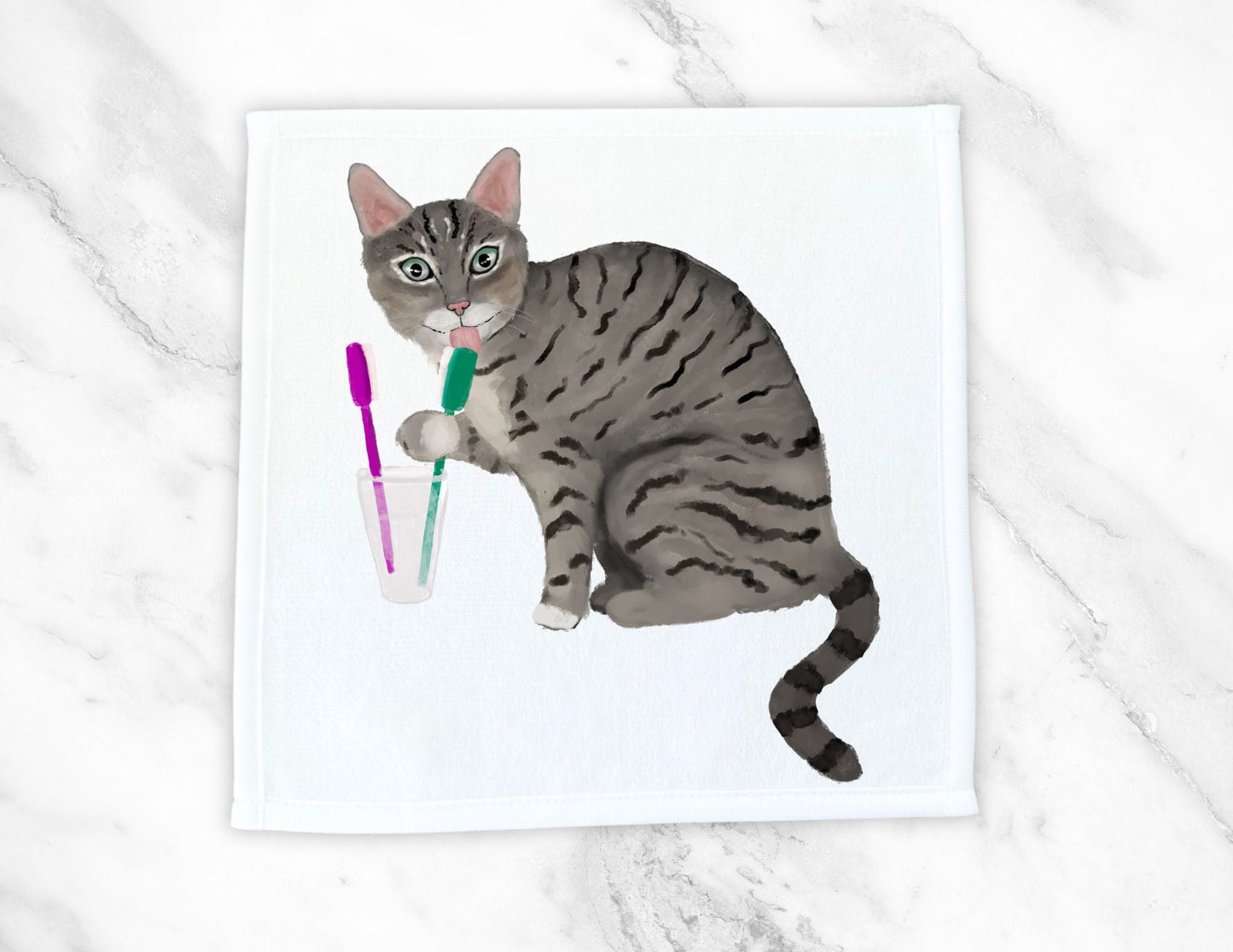 Grey Tabby Cat with Toothbrushes Washcloth – A Playful Cat Lover Gift - MerikaArt