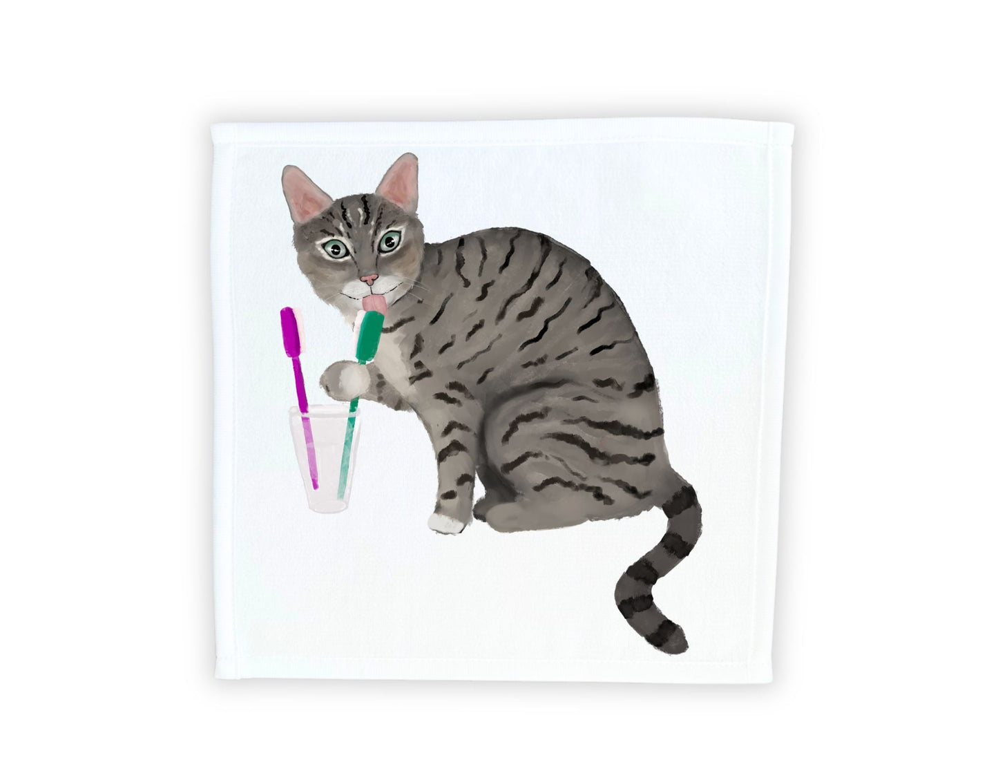 Grey Tabby Cat with Toothbrushes Washcloth – A Playful Cat Lover Gift - MerikaArt