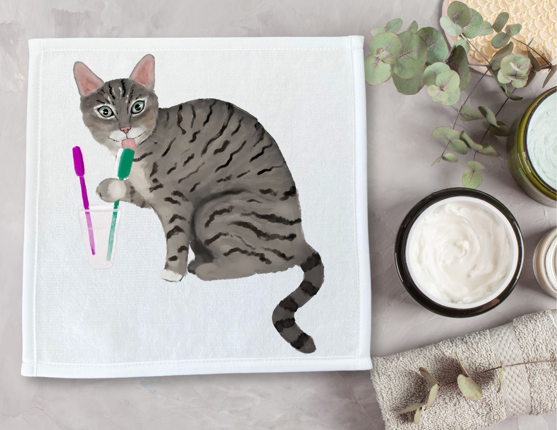 Grey Tabby Cat with Toothbrushes Washcloth – A Playful Cat Lover Gift - MerikaArt