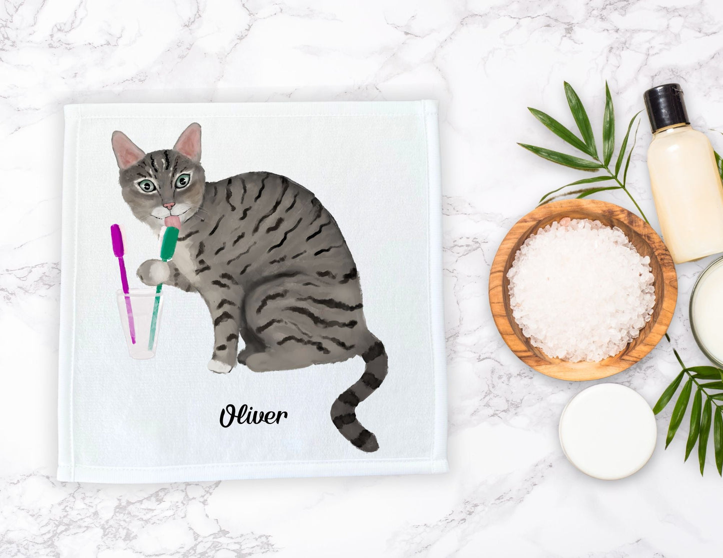 Grey Tabby Cat with Toothbrushes Washcloth – A Playful Cat Lover Gift - MerikaArt