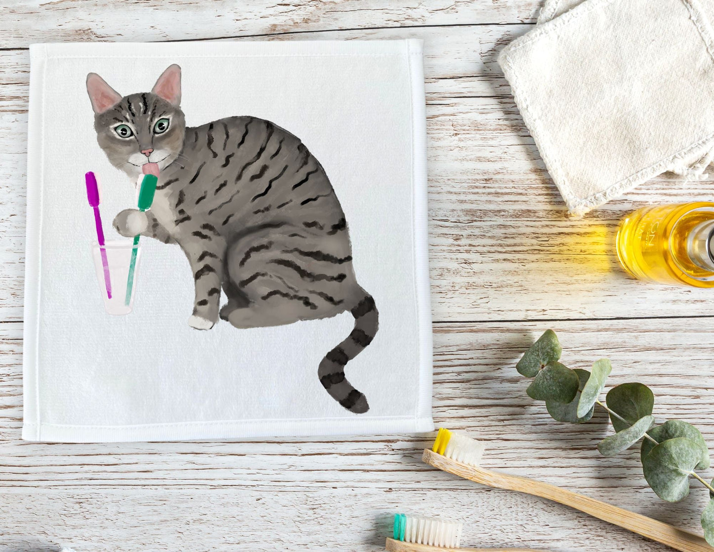 Grey Tabby Cat with Toothbrushes Washcloth – A Playful Cat Lover Gift - MerikaArt