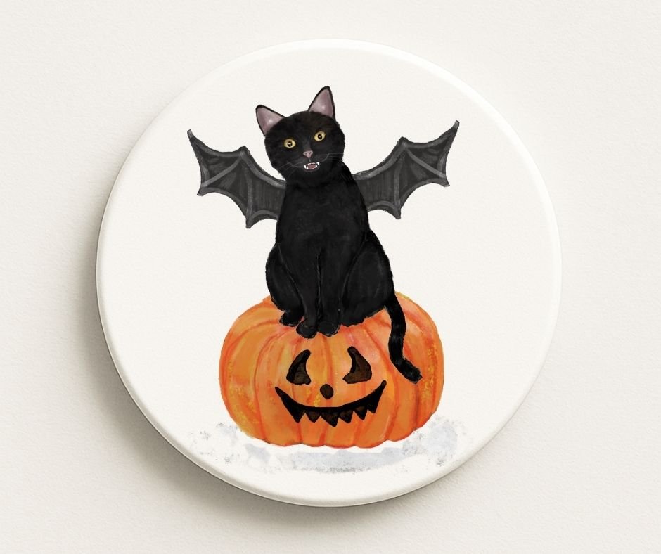 Halloween Black Cat Ceramic Coaster - MerikaArt