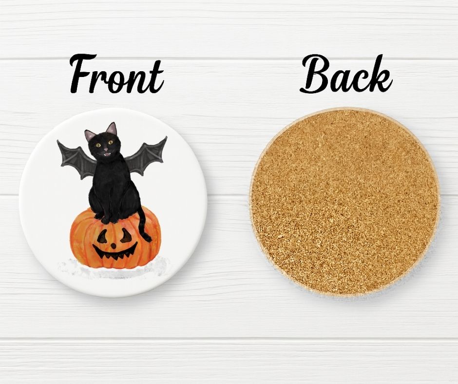 Halloween Black Cat Ceramic Coaster - MerikaArt