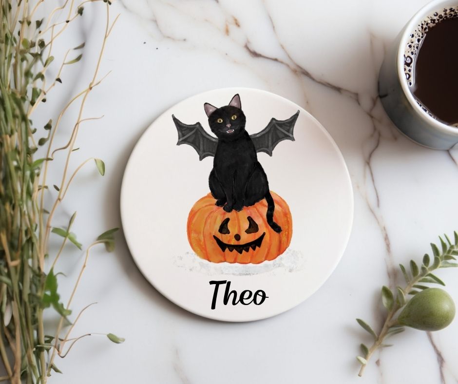 Halloween Black Cat Ceramic Coaster - MerikaArt