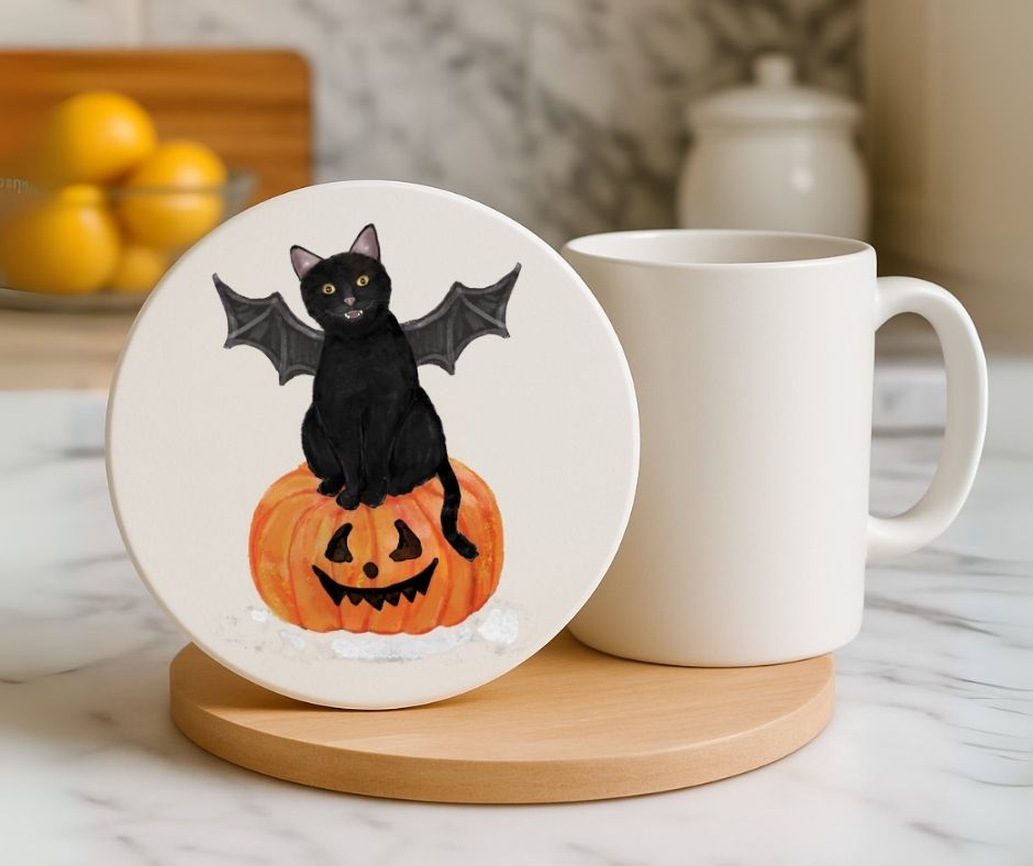 Halloween Black Cat Ceramic Coaster - MerikaArt